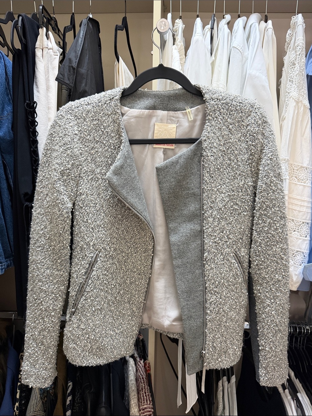 Rebecca Taylor Silver-Gray Bouclé Zip Jacket